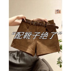 批发大码胖MM美拉德棕色鹿皮绒短裤女秋冬季皮裤高腰显瘦休闲a字靴裤