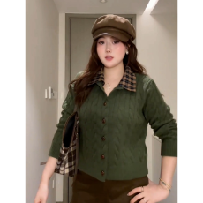 批发大码胖妹妹美式复古绿色拼格子<b class='q'>针织</b>毛衣女2025秋冬新款翻领开衫女