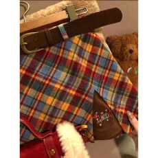 批发<b class='q'>大码</b>圣诞节彩色格子A字裙刺绣半身裙<b class='q'>女</b>秋冬氛围感高腰包臀短裙子