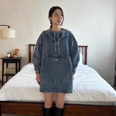 批发25秋冬 韩国 INS风 中长款套头牛仔<b class='q'>卫衣</b>外套宽松连帽牛仔长裙