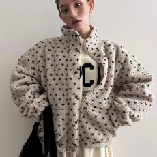 批发已出加棉 新款立领爱心波点保暖羊羔毛外套女毛绒绒夹克冬季
