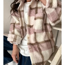 批发chic简约圈圈格纹颗粒感撞色格子<b class='q'>衬衫</b>宽松毛呢外套女