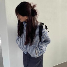 批发秋冬经典清新条纹立领双拉链宽松保暖休闲羊羔毛<b class='q'>外套</b>