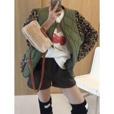 批发已出 2025新款 豹纹毛圈拼接菱形格夹棉薄棉外套