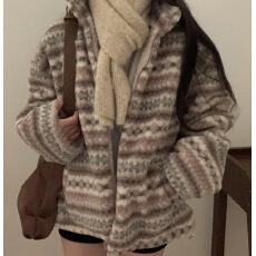 批发已出货 撞色提花立领拉链夹棉加厚羊羔毛外套棉服