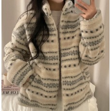 批发已出货 撞色提花立领拉链夹棉加厚羊羔毛外套棉服