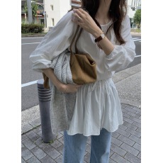 批发已出chic早春新款韩系口袋松紧腰裙摆长袖百搭衬衫