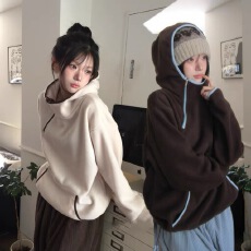 批发己入库韩国东大门撞色复古 机能中性摇粒绒连帽保暖卫衣