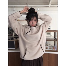 批发己入库韩国东大门撞色复古 机能中性摇粒绒连帽保暖卫衣