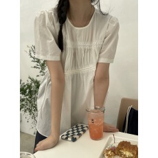 批发已出 chic春夏韩版重工抽绳圆领白色<b class='q'>纯棉</b>衬衫上衣娃娃衫