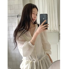 批发有货  chic 韩版2026春季微透荷叶边收腰显瘦衬衫