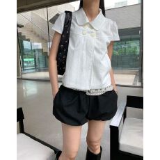 批发有货 复古设计感双排扣泡泡袖衬衫女夏季新款学院风宽松休闲上衣