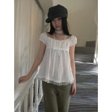 批发有货 日系复古波点拼蕾丝气质短袖衬衫