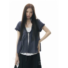 批发有货 chic 日系设计感假两件撞色格子衬衫