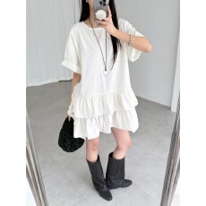 批发韩国东大门2026夏季新款法式圆领宽松荷叶边连衣裙女高级感中<b class='q'>长裙</b>