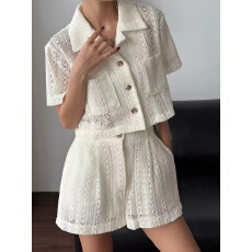 批发有货 镂空短袖翻领衬衫女士<b class='q'>短裤</b><b class='q'>蕾丝</b>女装两件套