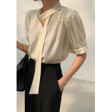 批发有货 chic轻熟飘带围脖设计宽松百搭泡泡袖衬衫