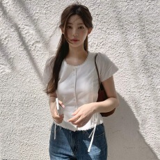 批发有货 <b class='q'>韩国</b>ins夏季温柔系甜美蕾丝花边系带收腰短袖衬衫
