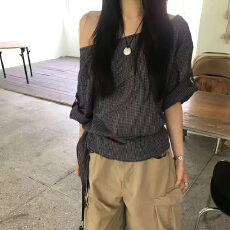 批发已入库 东大门斜肩腰部系带设计格子衬衫