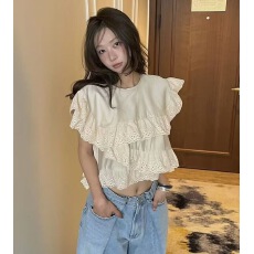 批发已入库 <b class='q'>韩国</b>2026夏季新款甜美花边不规则荷叶边衬衣