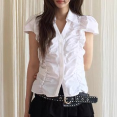 批发有货 chic褶皱收腰显瘦泡泡袖<b class='q'>衬衫女</b>
