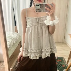 批发韩版chic蕾丝花边<b class='q'>雪纺</b><b class='q'>衫</b>条纹花边吊带背心<b class='q'>木耳边</b>小衫无袖上衣