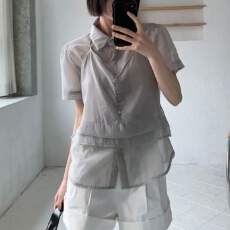 批发韩版两件套上衣女绑带挂脖吊带翻领短袖衬衫薄透单排扣衬衫