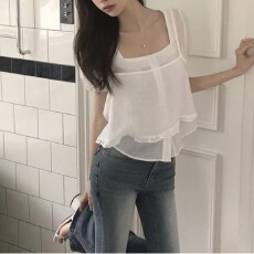 批发韩版纯色薄款<b class='q'>短袖</b>衬衫女夏季<b class='q'>雪纺</b><b class='q'>衫</b>前后两穿绑带开衫吊带两件套