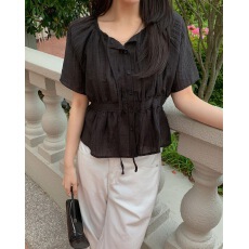 批发韩国夏季百搭绑带圆领单排扣收腰<b class='q'>短袖</b>衬衫女简约宽松<b class='q'>雪纺</b><b class='q'>上衣</b>