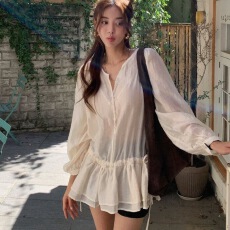批发<b class='q'>韩国</b>女装2026春夏新品抽绳款系带设计百搭中长款雪纺大摆衬衫