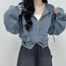 批发26秋<b class='q'>冬</b> 韩国 chic 拉链宽松休闲百搭短款长袖连帽牛仔外套