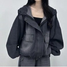 批发洗做旧连帽中长款牛仔卫衣外套女<b class='q'>设计</b>感百搭连帽外穿上衣女