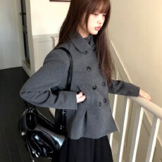 批发学院风双排扣纯色<b class='q'>百搭</b>毛呢外套女秋冬季拼接压褶收腰显瘦呢子西服
