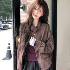 批发chic 韩版秋冬时尚复古美拉德立领拉链麂皮绒棒球服百搭夹克外套