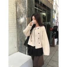chic 韩系冬季温柔时尚小香风简约圆领双排扣毛毛短款百搭外套