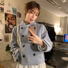 批发已入库 复古学院风日系少女翻领双排扣夹棉小个子毛呢外套