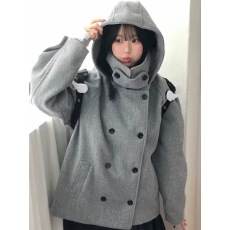 批发韩国chic复古气质学院风日系呢子大衣<b class='q'>女</b>装立领连帽双排扣毛呢<b class='q'>外套</b>