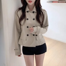 批发chic 韩版秋季复古<b class='q'>英伦</b>翻领双排扣小众简约百搭短款<b class='q'>风</b>衣外套