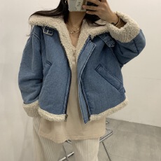 批发韩国chic 立领毛绒羊羔毛短棉服牛仔外套