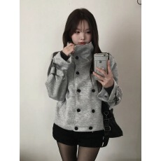 批发韩系翻领双排扣短款毛呢外套<b class='q'>秋</b>冬小个子复古呢子夹克