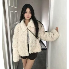 批发韩国chic 翻领休闲百搭毛绒绒羊羔毛外套女