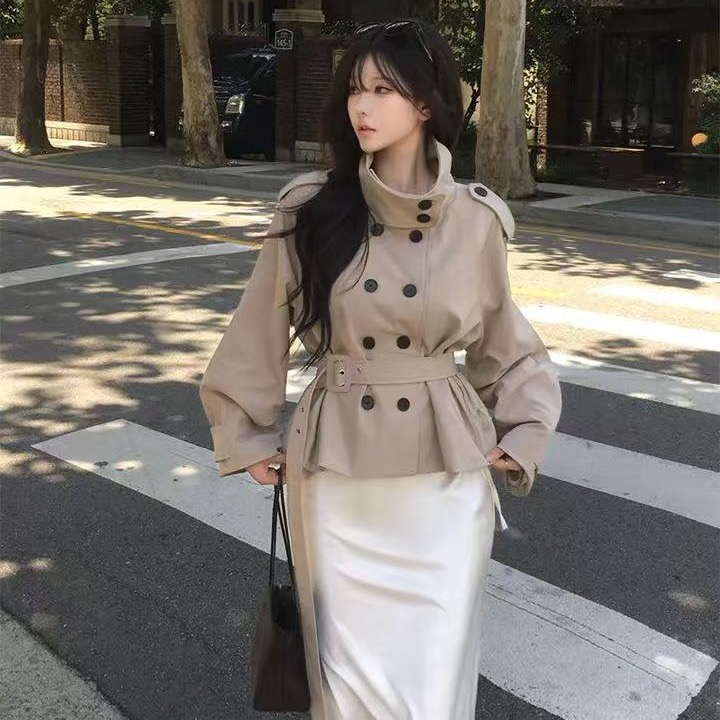 韩系遮肉百搭短款女早秋收腰外套显瘦中领轻职场风衣外套 服裝批發女裝批發服飾貨源