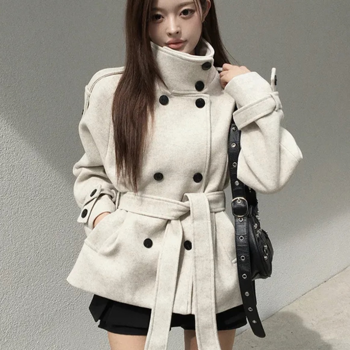 BY36977# 韩国东大门秋冬新品韩版立领收腰毛呢外套女  服裝批發女裝批發服飾貨源