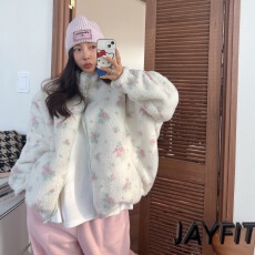 批发已出货  韩系时尚撞色小碎花羊羔毛夹棉外套 女