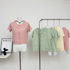 批发im向 奶油云朵高比例马海马定染色绒感娃娃领<b class='q'>针织衫</b>短袖上衣<b class='q'>女</b>