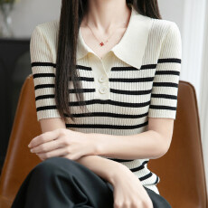 批发翻领撞色条纹冰丝针织短袖t恤女舒适凉感修身显瘦POLO<b class='q'>体恤衫</b>上衣