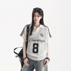 批发【坐吃山空】美式运动风POLO领短袖<b class='q'>T</b><b class='q'>恤</b>女夏季薄款网眼透气宽松ins