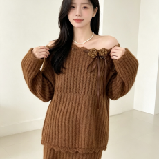 批发秋冬新款气质<b class='q'>甜美</b>小香风立体花朵短裙针织套装女毛衣两件套