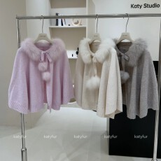 批发KATY皮草【复古少女】<b class='q'>狐狸毛</b>领系带可脱卸针织毛衣皮草外套女斗篷