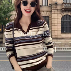 批发法国rouje chic秋季撞色条纹polo领长袖针织衫女法式短款内搭<b class='q'>上衣</b>